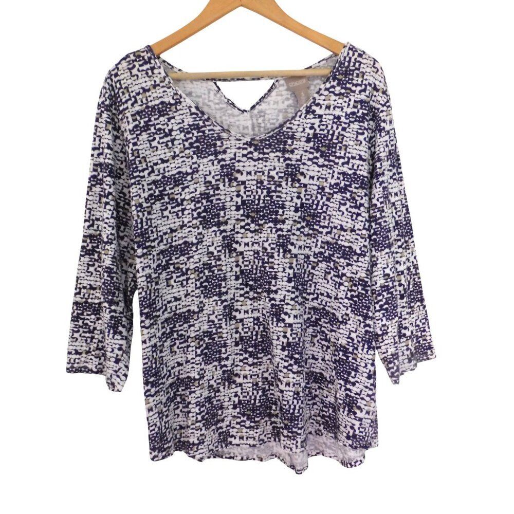 Chico's Top Womens 3 XL V Neck Cotton Geometric Purple Ivory Great preowned con